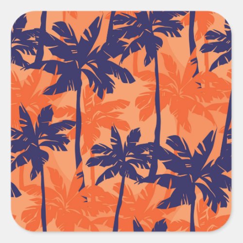 Blue palm silhouette orange background square sticker