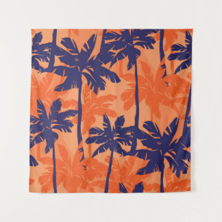 Blue palm silhouette, orange background tapestry