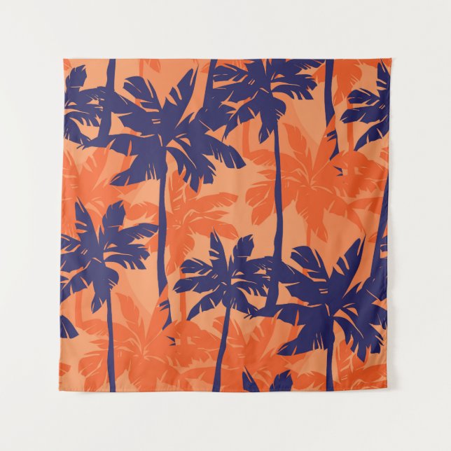 Blue palm silhouette, orange background tapestry (Front)