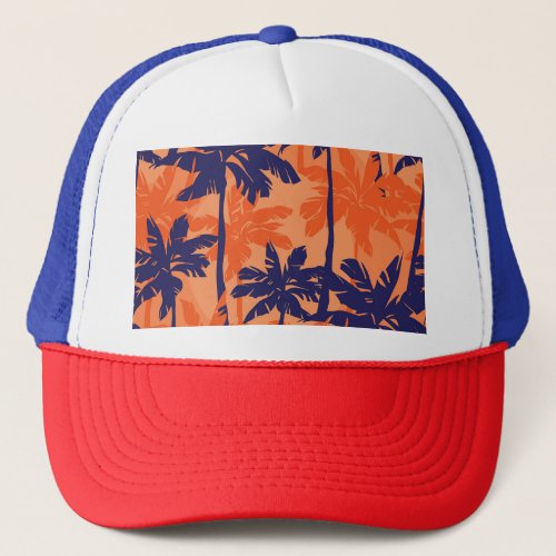 Blue palm silhouette orange background trucker hat