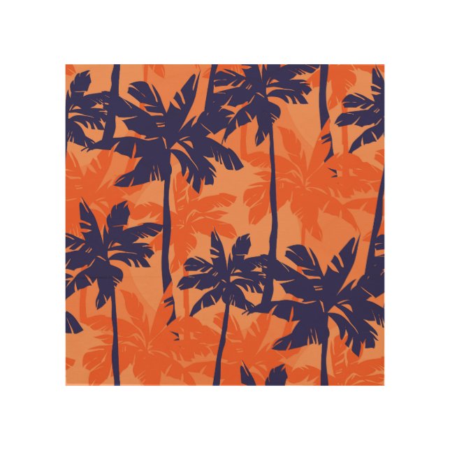 Blue palm silhouette, orange background wood wall art (Front)