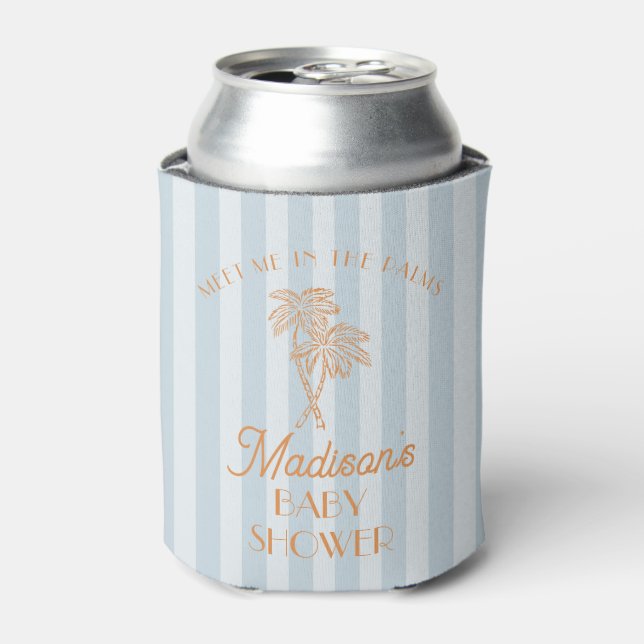 Blue Palm Spring Pastel Beach Baby Shower Can Cooler (Can Front)