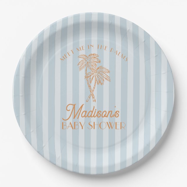 Blue Palm Spring Pastel Beach Baby Shower Paper Plates (Front)
