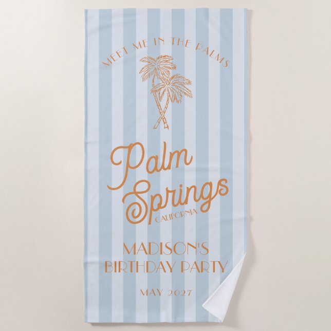 Blue Palm Spring Pastel Beach Birthday Party Beach Towel (Front)