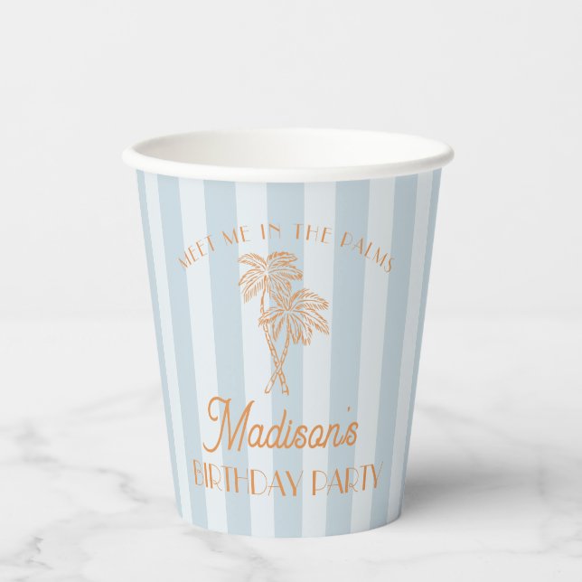 Blue Palm Spring Pastel Beach Birthday Party Paper Cups (Front)