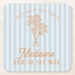 Blue Palm Spring Pastel Beach Bridal Shower Square Paper Coaster<br><div class="desc">Meet me in the palms! Our Palm Springs Party Collection is a dreamy blend of vintage beach cabana charm and pastel perfection. Featuring soft stripes, breezy palm trees, and a touch of retro glam, this collection brings the magic of a sun-soaked getaway to your celebration. Whether you're hosting a bachelorette...</div>