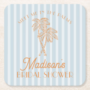 Blue Palm Spring Pastel Beach Bridal Shower Square Paper Coaster