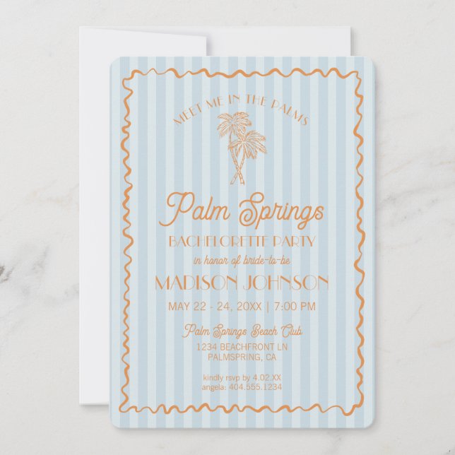 Blue Palm Springs Pastel Beach Bachelorette Party Invitation (Front)