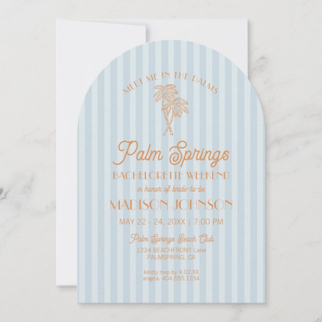Blue Palm Springs Pastel Beach Bachelorette Party Invitation (Front)
