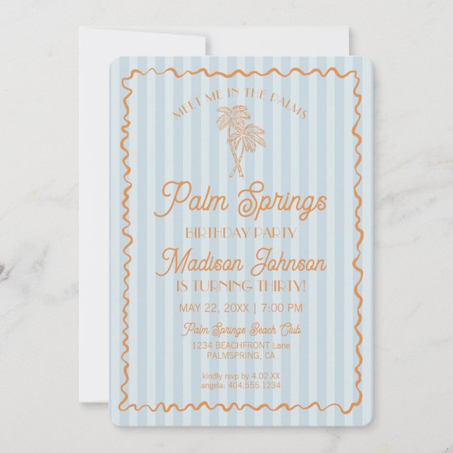 Blue Palm Springs Pastel Beach Birthday Party Invitation (Front)