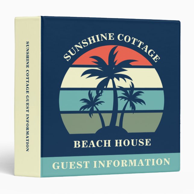 Blue Palm Tree Beach House Guest Information 3 Ring Binder (Front/Spine)