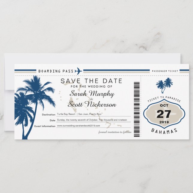 Blue Palm Tree Boarding Pass Bahamas Save the Date (Front)