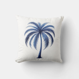 Blue Palm Tree Coastal Beach Throw Pillow