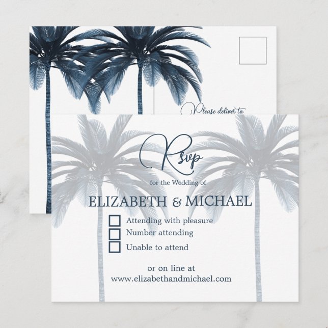 Blue Palm Tree Elegant Modern Wedding RSVP Postcard (Front/Back)
