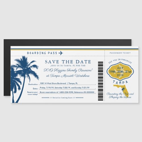 Blue Palm Tree Gold  Florida Boarding Pass Magnetic Invitation