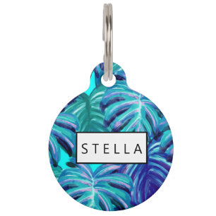 Blue Palm Tree Leaves Tropical Pet ID Tag