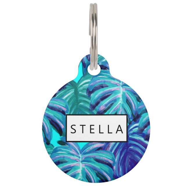 Blue Palm Tree Leaves Tropical Pet ID Tag (Front)