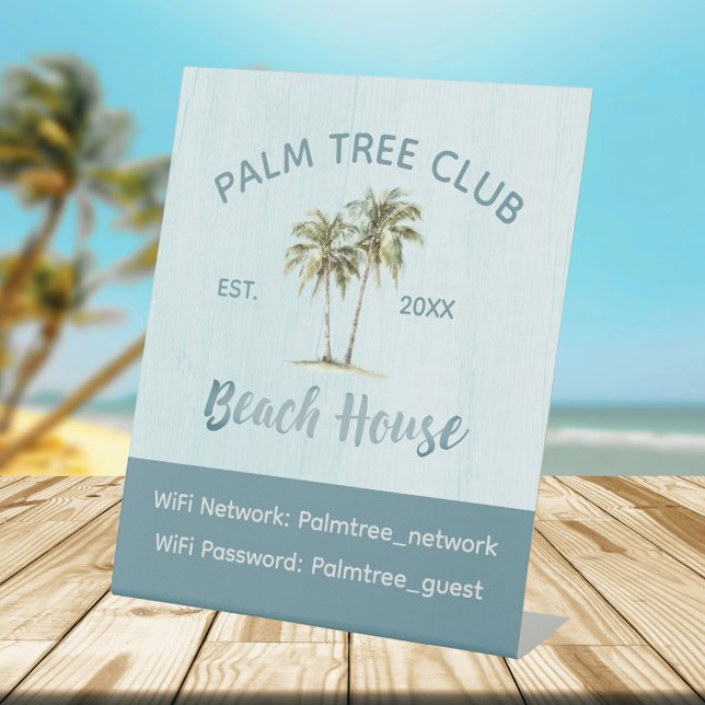 Blue Palm Tree modern Beach House WiFi Password Pedestal Sign (In situ, beach)