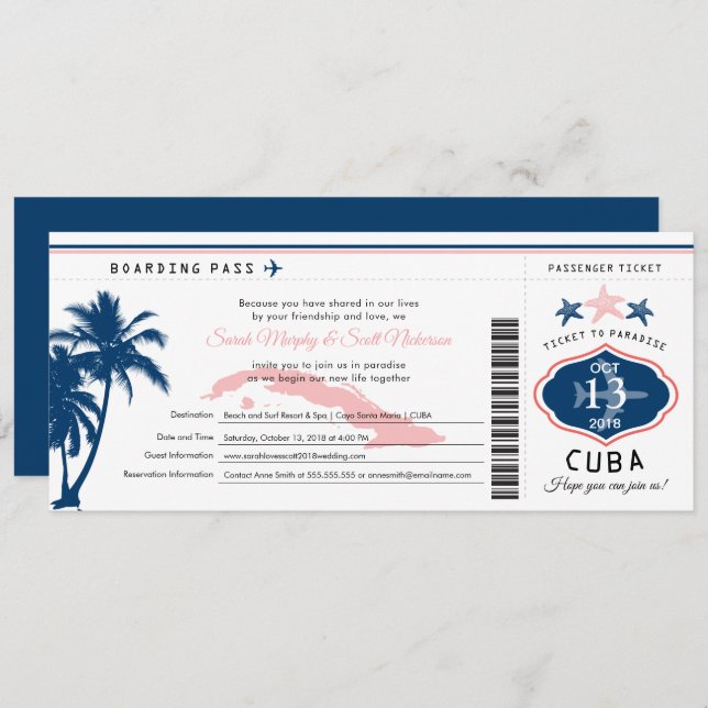 Blue Palm Tree Pink Cuba Boarding Pass Wedding Invitation (Front/Back)