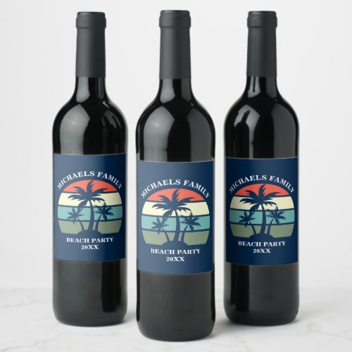 Blue Palm Tree Sunset Custom Tropical Beach Party Wine Label