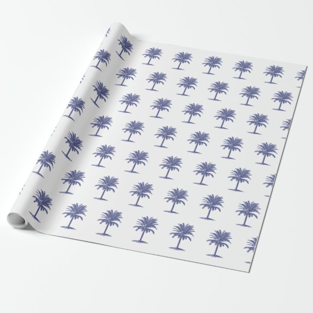 Blue Palm Tree Toile Wrapping Paper (Unrolled)
