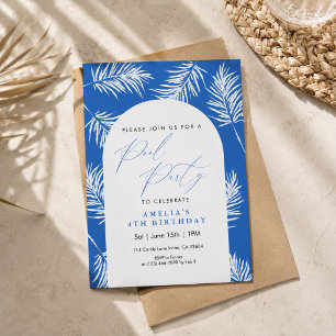 Blue Palm Tree Watercolor Pool Party Invitation