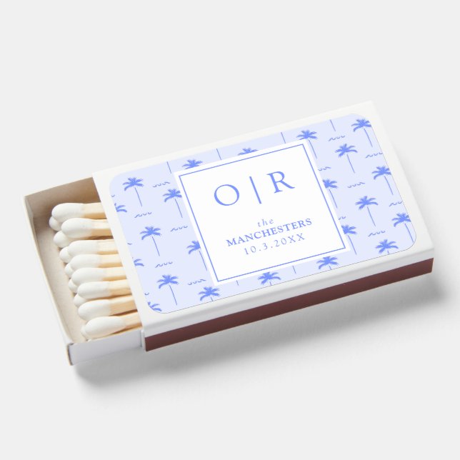 Blue Palm Tree Wedding Favor Beach Wedding Matches (Front Open)