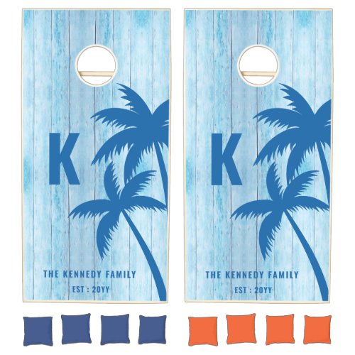 Blue Palm Trees Beach House Family Monogram Wood Cornhole Set