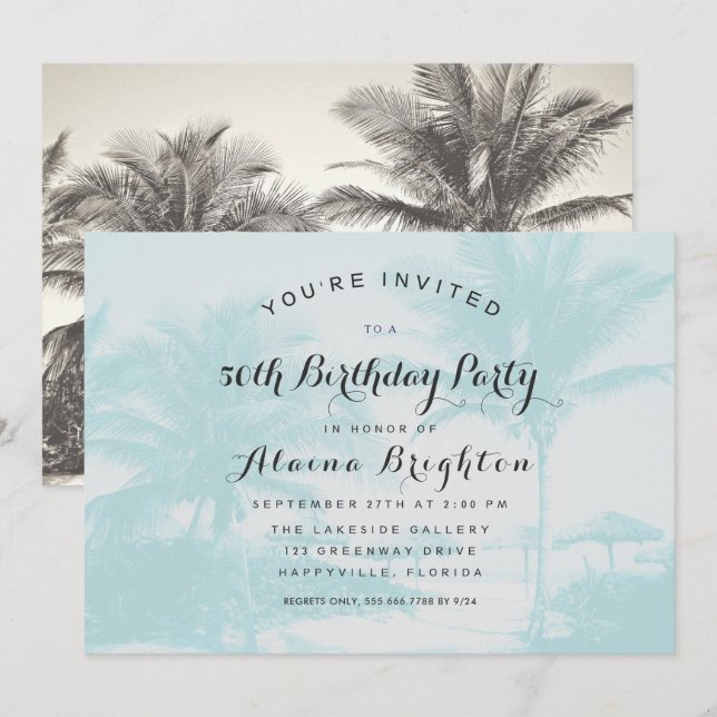 Blue Palm Trees Custom Birthday Party Invitation (Front/Back)