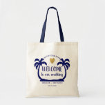 Blue Palm Trees Destination Wedding Hotel Welcome  Tote Bag<br><div class="desc">Welcome your guests to your destination wedding with a wonderful goodie bag personalized with  couple names, wedding date and location. Palm trees illustration frames the details of the beach wedding  welcome bags for hotel guests.</div>