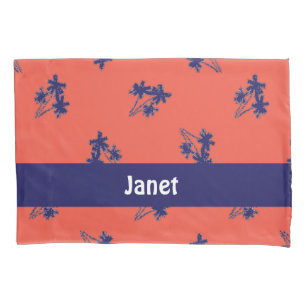 Blue palm trees on pink pillow case