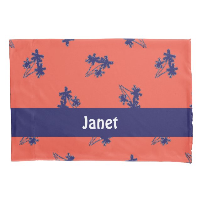 Blue palm trees on pink pillow case (Front)