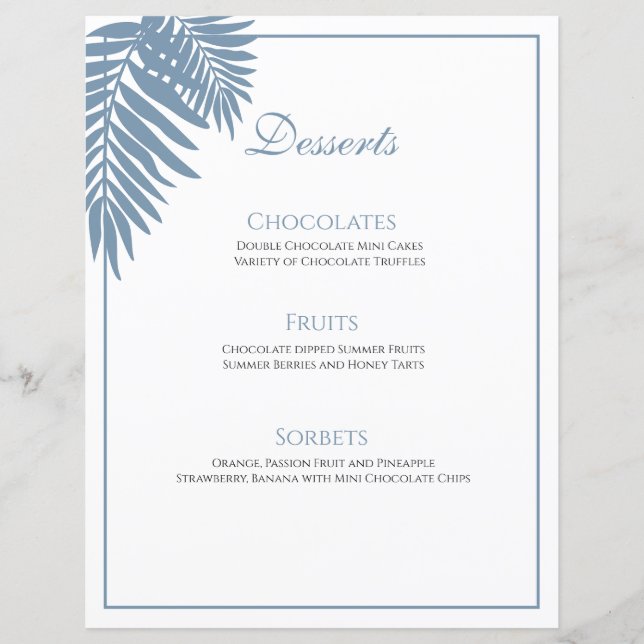 Blue Palm Wedding 8.5X11 Customizable Dessert Menu (Front)