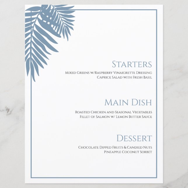 Blue Palm Wedding Menu Card 8 1/2" X 11" (Front)