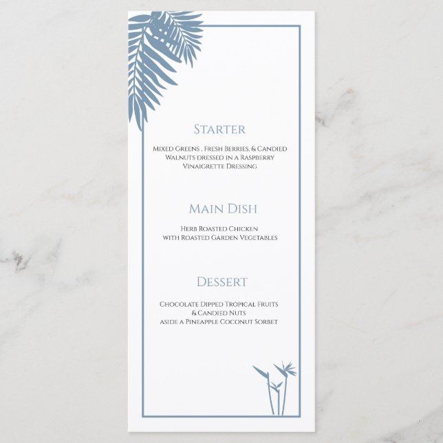 Blue Palm Wedding Personalized Plate Menu Cards (Front)
