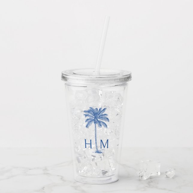Blue Palmetto Palm Tree Monogram Acrylic Tumbler (Back Ice)