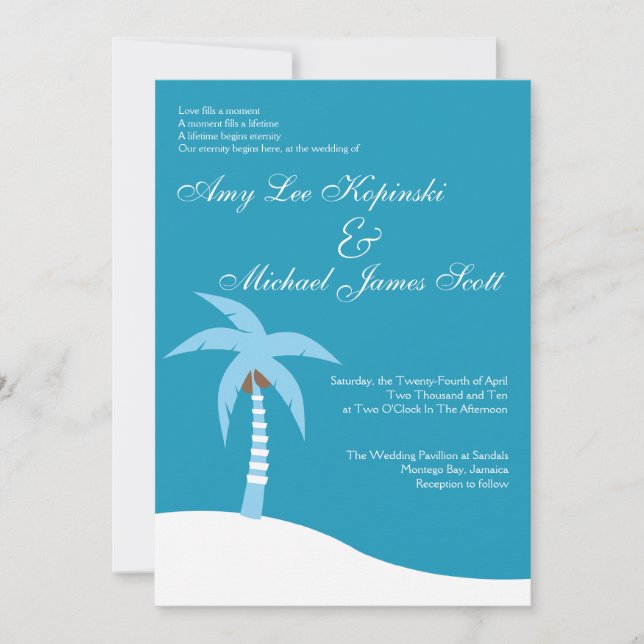 BLUE PALMTREE CARIBBEAN DESTINATION WEDDING INVITATION (Front)