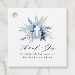 blue pampas floral cross first communion favor tags