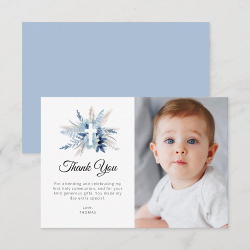blue pampas floral first communion thank you card