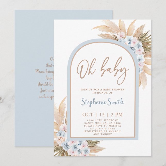 Blue Pampas Grass Arch Baby Shower Boy Invitation (Front/Back)