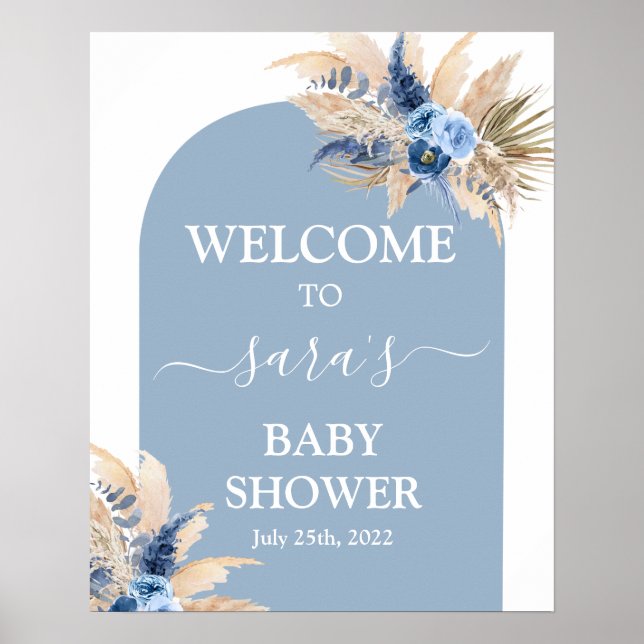 Blue Pampas Grass Baby Shower Boy Welcome sign (Front)