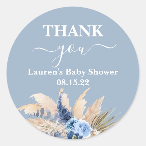 Blue Pampas Grass Baby Shower Round Sticker