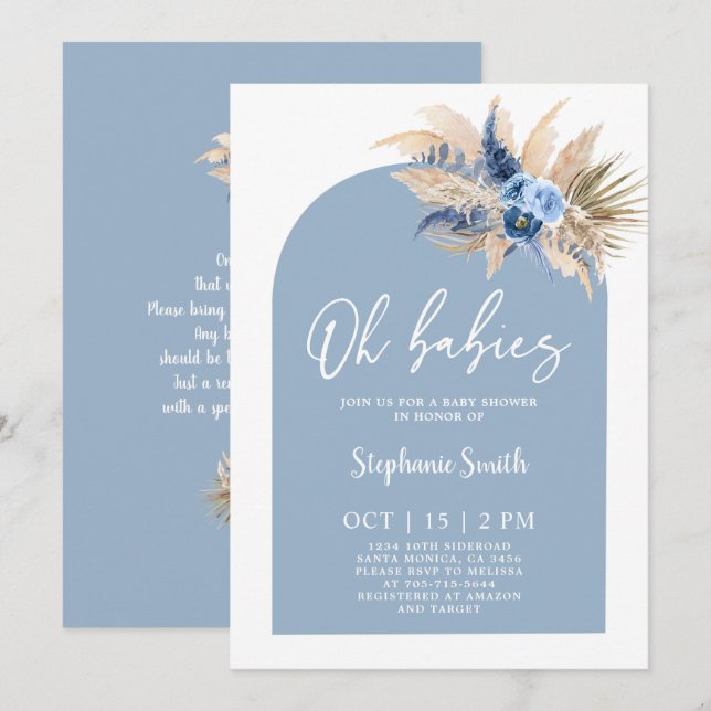 Blue Pampas Grass Baby Shower Twin Boys Invitation (Front/Back)