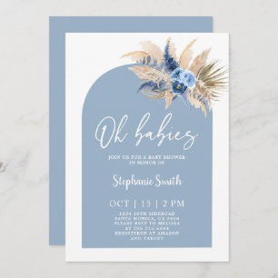Blue Pampas Grass Baby Shower Twin Boys Invitation
