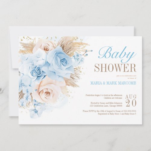 Blue Pampas Grass Bohemian Baby Shower Invitation