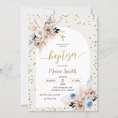 Blue Pampas Grass Boho Baptism Invitation