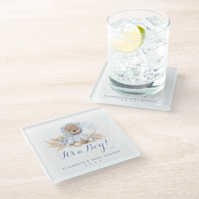 Blue Pampas Grass Boho Bear Baby Shower Coasters (Angled)