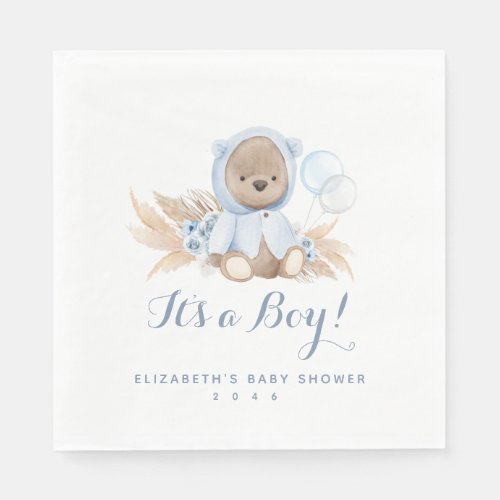 Blue Pampas Grass Boho Bear Baby Shower Napkins