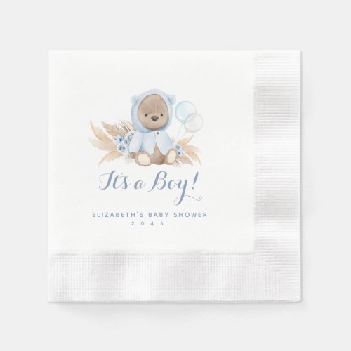 Blue Pampas Grass Boho Bear Baby Shower Napkins