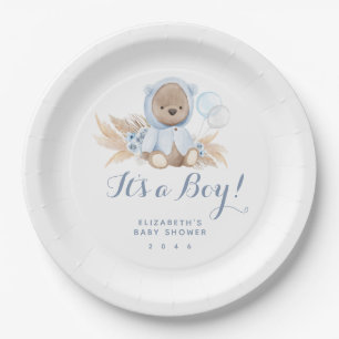 Blue Pampas Grass Boho Bear Baby Shower Paper Plat Plates